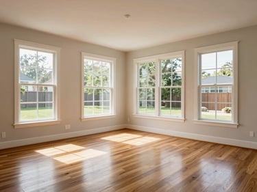 Bright living room interior with large windows, hardwood floors, natural daylight, wide environmental framing as seen in a virtual property tour