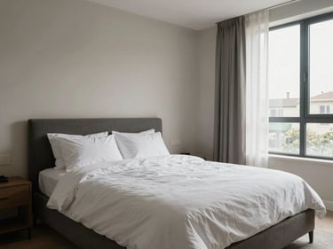 Bedroom with a neatly made bed, neutral walls, and a window with sheer curtains, natural daylight, wide environmental framing as seen in a virtual property tour