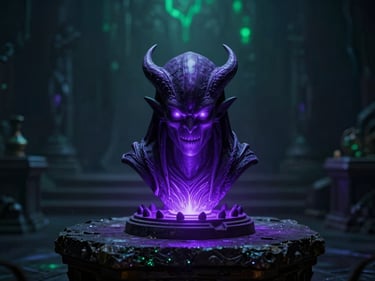 A sinister mind flayer artifact glowing with a faint purple light on a stone altar, dark fantasy background