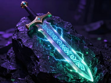 Close-up of a glowing runic sword embedded in dark obsidian stone, electric blue energy crackling, cinematic lighting