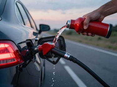 Red fuel can being poured into a car's gas tank on a roadside at dusk, vehicle hazard lights reflecting on wet pavement, no people visible above the waist