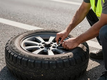 Hands torquing a lug nut onto a spare tire on a highway shoulder in midday sun, flat tire visible beside the vehicle, safety vest in frame