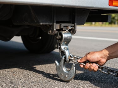 Close-up of heavy-duty trailer hook latching onto a vehicle undercarriage on a daylit roadside, hands visible gripping the chain, asphalt texture below