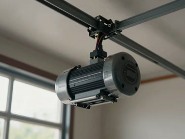 Overhead shot of a garage door opener motor unit mounted on ceiling rail, wiring visible, natural daylight from a side window, no people