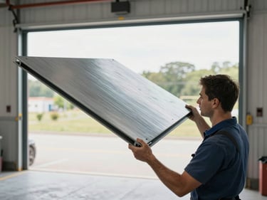 Wide shot of a technician lifting a new steel panel into a garage door frame, natural daylight at the garage opening, hands gripping panel edges