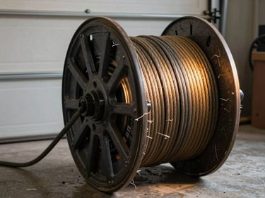 Close-up of frayed garage door cable wrapped around a drum, tungsten shop light illuminating the cable strands, concrete floor visible below