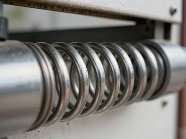 Extreme close-up of a torsion spring coil on a garage door shaft, natural daylight from an open garage, sharp metallic texture and tension visible in the steel