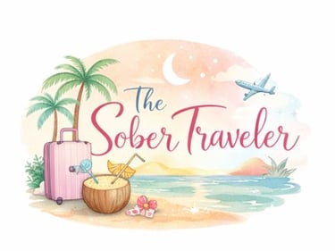 The Sober Traveler logo featuring a beach scene with a pink suitcase, coconut mocktail, and palm trees.