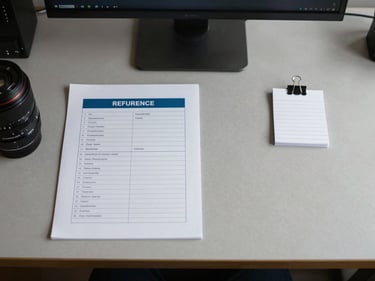 Flat-lay of a reference sheet and a small index card pinned beside a monitor, organized desk surface, soft ambient north light, no faces