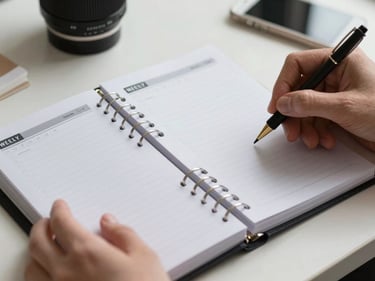 Close-up of hands opening a printed weekly planner on a clean desk, north-facing daylight, pages partially filled, no faces