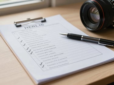 Close-up of a printed checklist with several items ticked off in pen, placed on a light wooden desk surface, soft north-facing window light, no faces