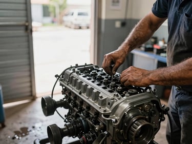 Detail shot of a mechanic's hands working on a car engine in a small Mardin garage, natural light through a corrugated metal door, oil-stained workshop floor visible