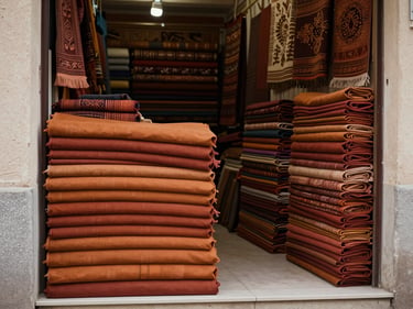 Street-level shot of a Mardin bazaar textile shop front, folded fabric bolts in ochre and rust tones stacked in doorway, soft diffused daylight, no people