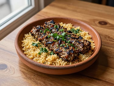 Overhead close-up of a clay plate of Mardin kebab with bulgur and fresh herbs on a wooden restaurant table, natural window light from the left