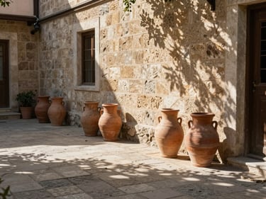 A simple guesthouse courtyard in Mardin, terracotta pots along a stone wall, dappled morning sunlight on the cobblestones, no people