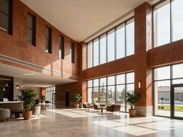 Wide-angle view of a modern hotel lobby in Mardin with clean lines and warm terracotta accent walls, natural daylight through tall windows, no people