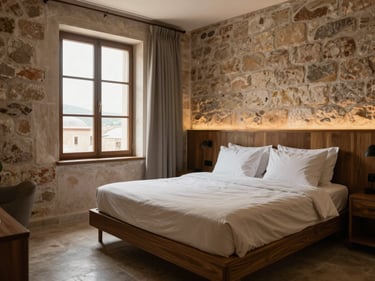Interior of a boutique hotel room in Mardin, stone wall visible at the side, a low wooden bed with neutral linens, north-facing window light, no people