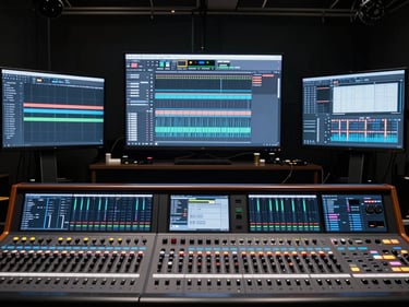 Wide environmental shot of an empty dark production suite, multiple screens glowing with DAW interfaces, mixing console in foreground, no people