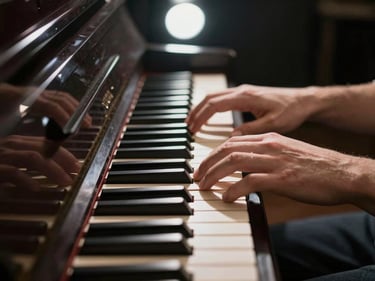 Hands resting on a piano keyboard in a dark room, single spotlight from above, fingers casting sharp shadows across the keys
