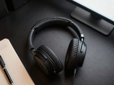 Overhead flat-lay of headphones resting on a dark studio desk beside a notebook, screen glow from a monitor edge illuminating the scene
