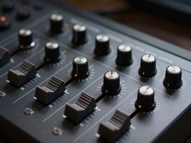 Macro detail of audio plugin interface on a dark monitor, knobs and frequency sliders in sharp focus, surrounding darkness