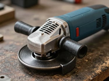 Close-up of an electric angle grinder on a worn workbench, natural light from the side catching the metal body and ventilation slots, tool texture and wear visible, no background clutter