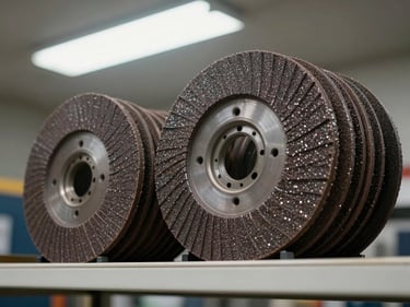 Stack of abrasive cutting discs and grinding wheels on a shop shelf, fluorescent ceiling light overhead, metal-fleck texture on disc faces visible in close framing, honest industrial setting