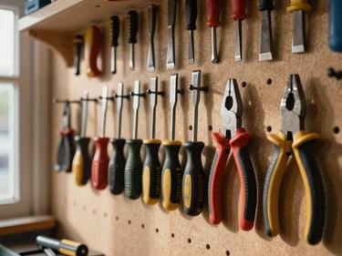 Row of hand tools — chisels, screwdrivers, pliers — hanging on a pegboard wall inside a shop, daylight from a nearby window casting slight shadows, handles showing real use and wear, tight framing
