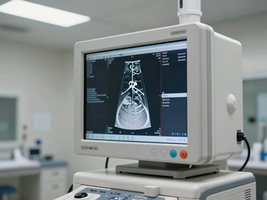 Diagnostic imaging console screen in a radiology suite, monitor displaying scan interface, clean grey-white equipment panels under fluorescent clinical lighting, no patients