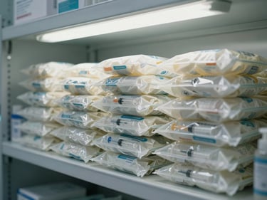 Rows of sealed sterile medical consumable packages — gloves, syringes, and wound dressings — stacked on clinic storage shelving under bright white fluorescent light