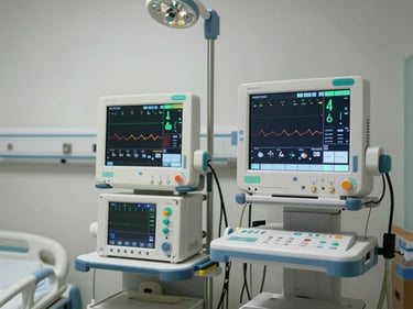 Patient monitoring station in a hospital ward, multi-parameter monitor displaying vitals on screen, equipment mounted on a clean white panel with cable management, clinical overhead lighting