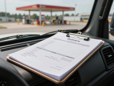 Delivery documentation on a clipboard resting on a truck dashboard, a printed schedule visible, truck cab window showing a fuel depot in daylight background