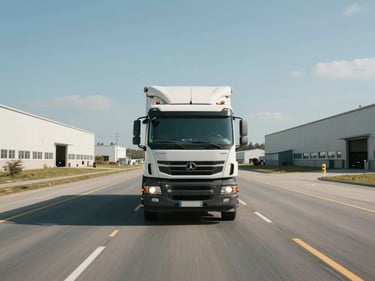 Tanker truck moving on a wide industrial road, shot from a straight-on angle, daytime, motion visible, open road ahead with warehouses on either side