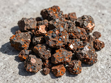 Close-up overhead view of copper ore chunks on a concrete surface, strong north-facing daylight highlighting the mineral texture and oxidized rust tones, documentary product shot