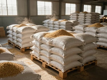 Wide overhead shot of grain sacks stacked on wooden pallets inside a dry warehouse, golden natural light through high clerestory windows, dust motes visible, industrial documentary framing