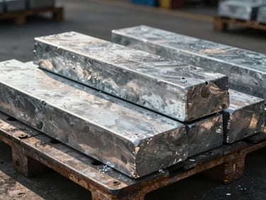 Close-up of raw zinc ingots arranged on a metal pallet in a port warehouse, strong directional sidelight casting sharp shadows across the metallic surfaces, industrial documentary style