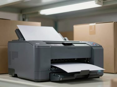 Close-up of a laser printer on a warehouse shelf, paper tray open, fluorescent overhead lighting, cardboard boxes stacked behind it