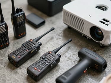 Overhead close-up of mixed small office electronics — walkie-talkies, a barcode scanner, a projector — laid out on a concrete floor for assessment