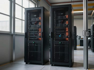 Environmental wide shot of two server rack units standing in a warehouse aisle, indicator lights off, steel doors open, daylight from side window