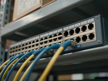 Overhead close-up of network switches and patch cables on a metal shelf, ports labeled, warehouse ambient light, no people