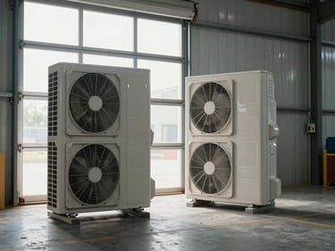 Wide shot of two floor-standing AC units lined up along a warehouse wall, panels removed, daylight from loading bay door behind them