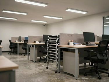 Wide shot of stacked office desks and chairs in a cleared-out office space, fluorescent overhead light, concrete floor visible