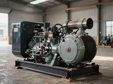Environmental shot of an industrial diesel generator on a concrete pad in a warehouse bay, exhaust pipe visible, natural side light