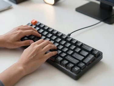 Hands typing on a compact wireless mechanical keyboard on a clean desk surface under bright studio strobe from above, keycap legends sharp, cable-free setup visible in environmental context