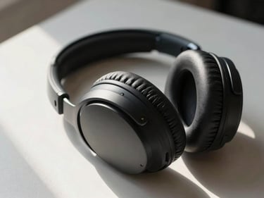 Close-up detail shot of a pair of over-ear noise-canceling headphones resting on a minimalist desk, natural daylight from the left revealing the matte finish and cushion texture — no background clutter