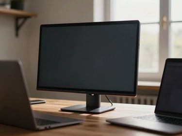 A portable monitor propped upright on a desk in a real home-office environment, warm daylight from a window to the right illuminating the screen bezel and kickstand — laptop visible partially in foreground for scale context