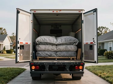 Wide shot of a moving truck parked in a residential driveway, rear doors open, padded furniture blankets stacked neatly inside the cargo area, late-morning daylight, suburban street in the background