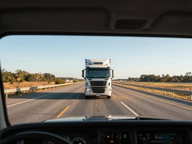 Driver-eye-level view through the windshield of a cab-over truck on an interstate highway, wide road ahead, late-afternoon sun casting long shadows across the asphalt, dashboard gauges visible at the bottom edge