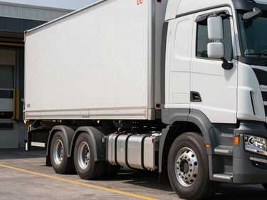 Close environmental shot of a Royal Salkey semi-truck cab at a loading dock, driver inspecting the cargo doors under natural daylight, tie-down straps visible in the foreground, concrete dock floor