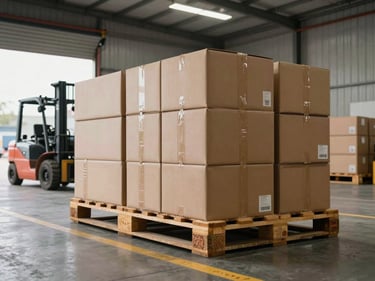 Ground-level shot of a pallet of boxed freight staged at a warehouse dock under fluorescent and open-bay daylight, forklift visible in the left background, concrete floor with painted load lines
